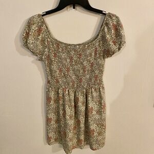 AUW Women's Top Size L Pink Green Floral Blouse Peasant Cottagecore